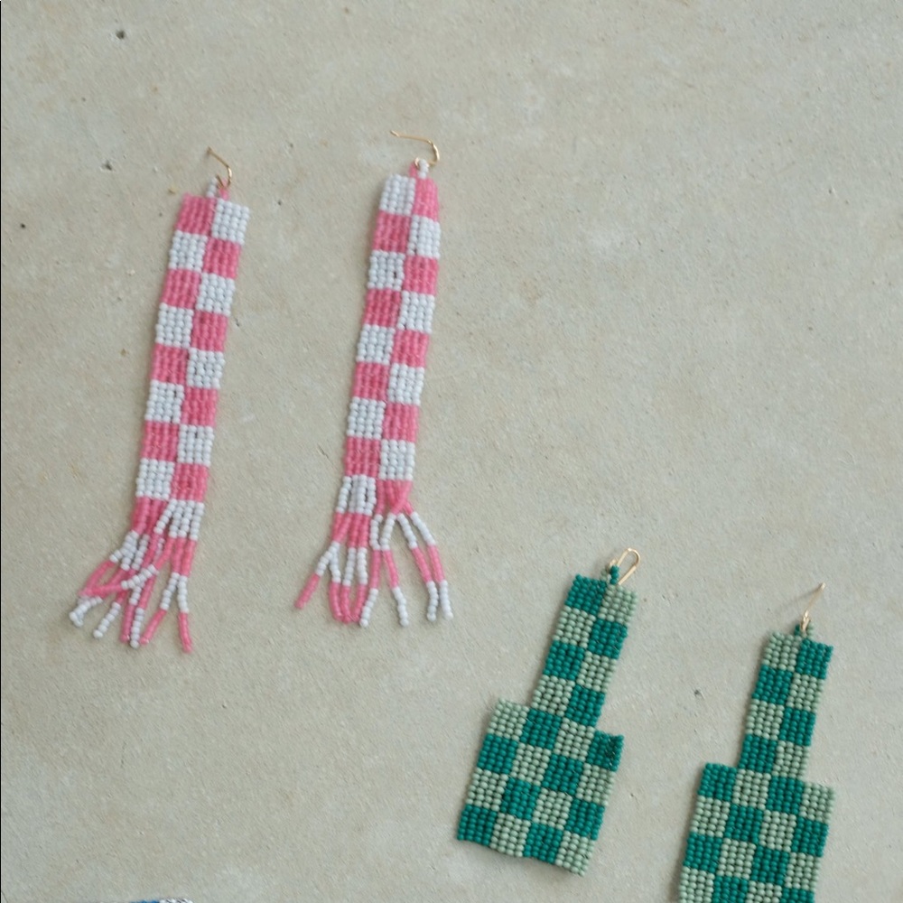 Salihah Moore Pink and White Checkerboard Beaded Earrings - Picture 2 of 3